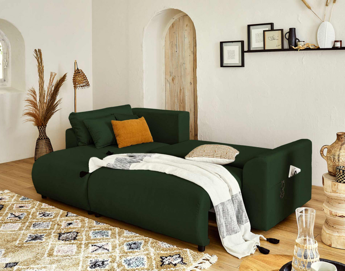 Canapé d'angle réversible convertible avec coffre et poches 4 places en velours Camélia