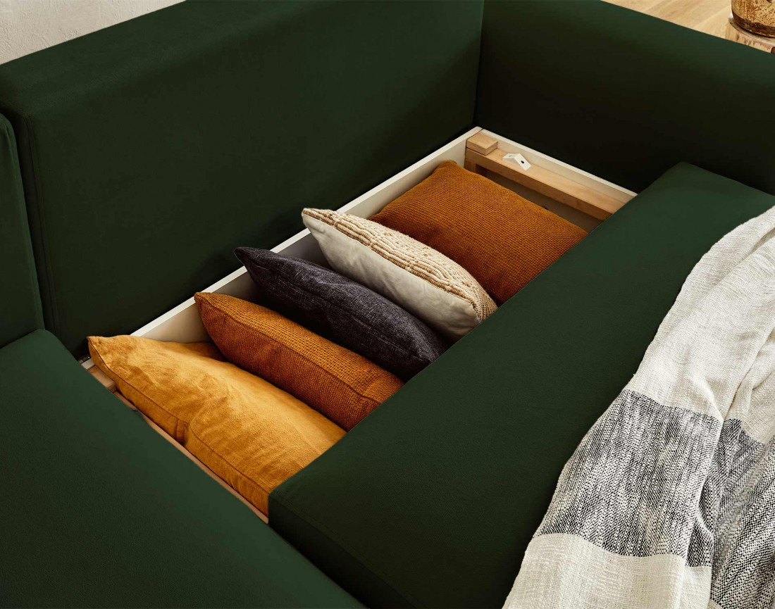 Canapé d'angle réversible convertible avec coffre et poches 4 places en velours Camélia