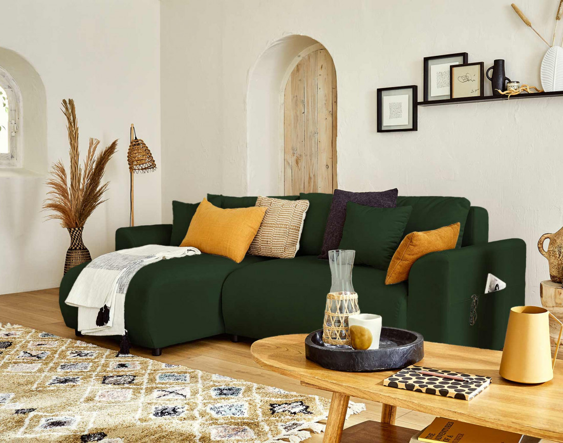 Canapé d'angle réversible convertible avec coffre et poches 4 places en velours Camélia