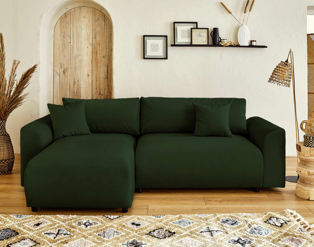 Canapé d'angle réversible convertible avec coffre et poches 4 places en velours Camélia