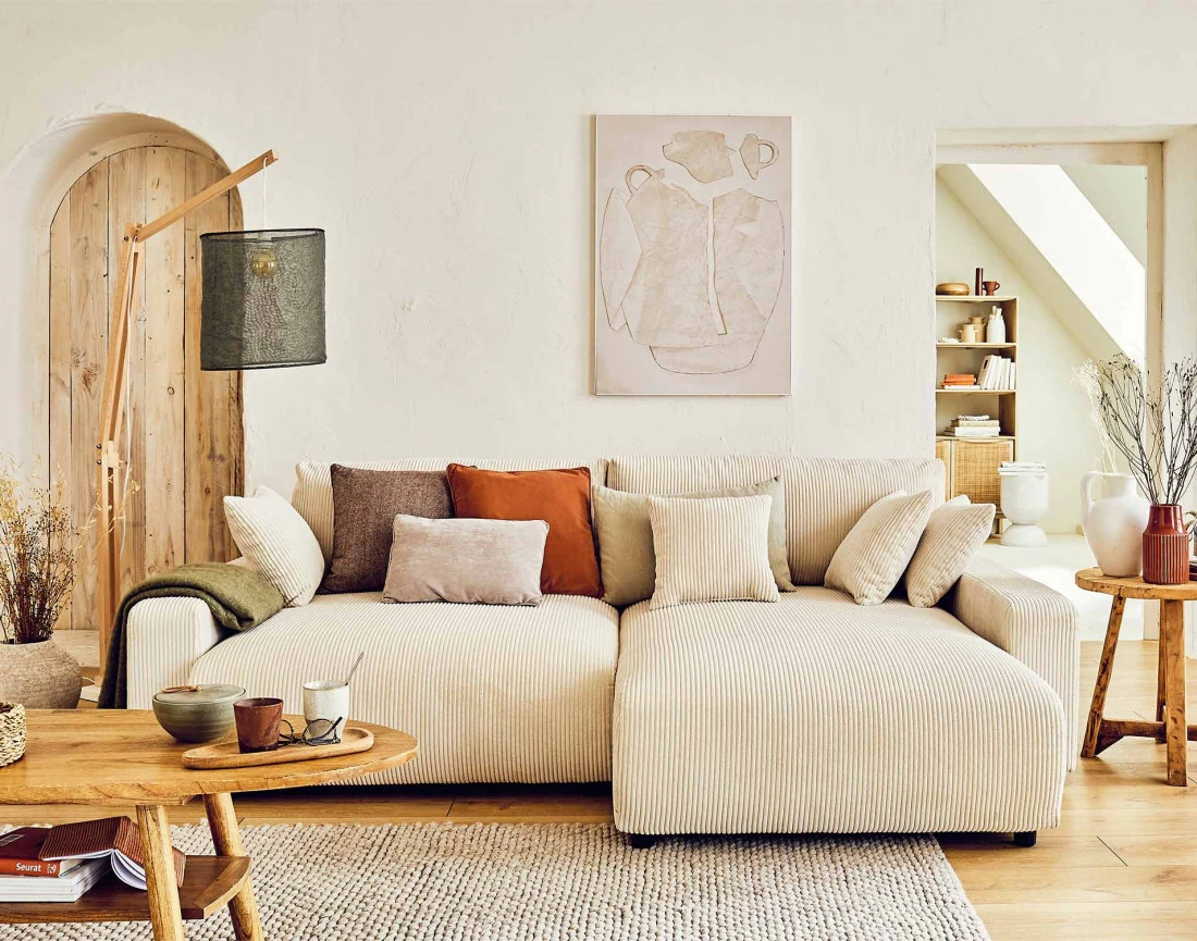 Canapé d'angle réversible convertible avec coffre 4 places en velours côtelé Pivoine