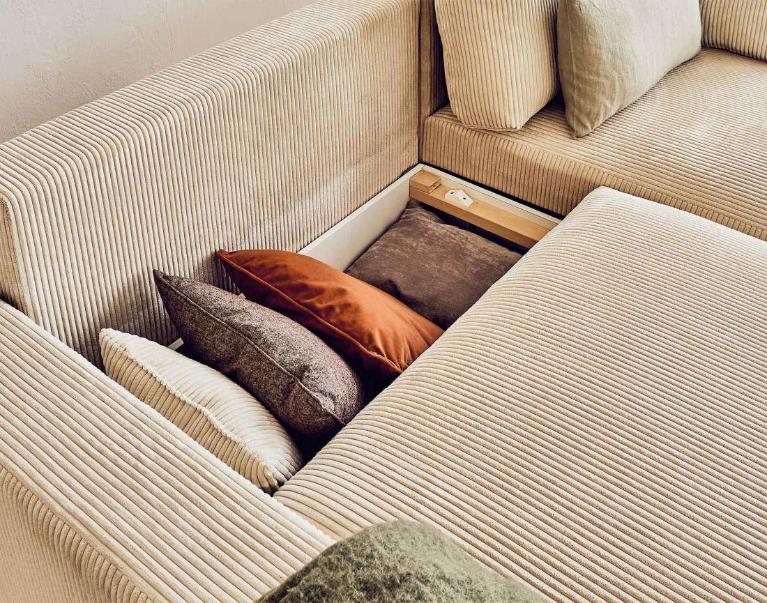 Canapé d'angle réversible convertible avec coffre 4 places en velours côtelé Pivoine