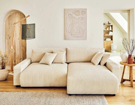 Canapé d'angle réversible convertible avec coffre 4 places en velours côtelé Pivoine