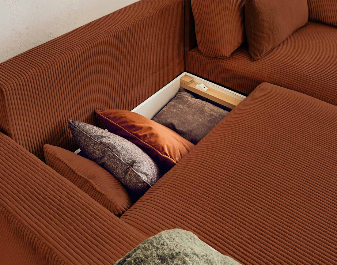 Canapé d'angle réversible convertible avec coffre 4 places en velours côtelé Pivoine