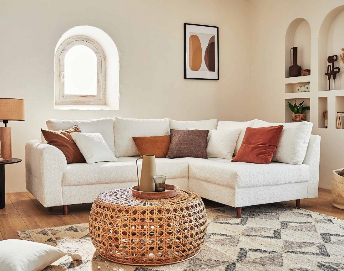 Canapé d'angle droit 4 places avec pouf d'appoint en tissu bouclette Rune