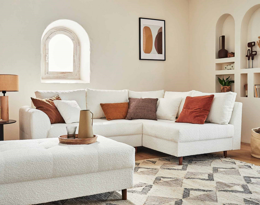Canapé d'angle droit 4 places avec pouf d'appoint en tissu bouclette Rune