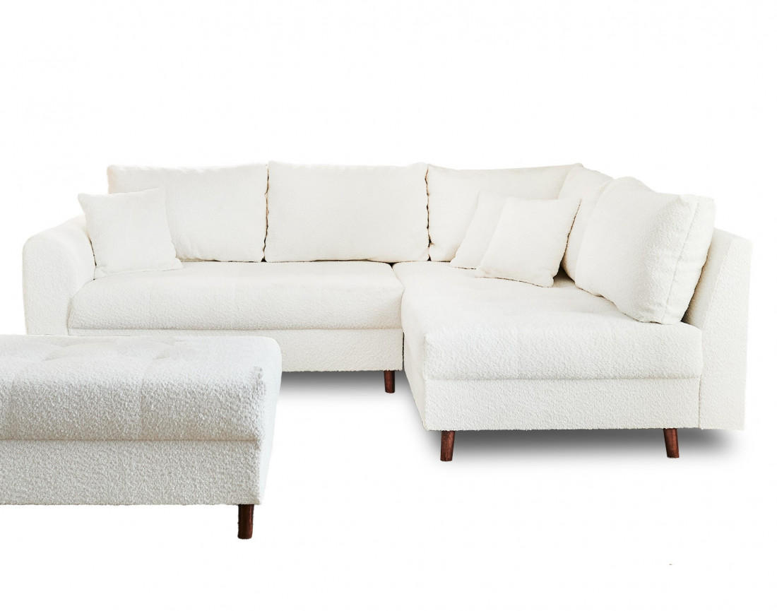 Canapé d'angle droit 4 places avec pouf d'appoint en tissu bouclette Rune
