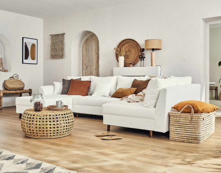 Canapé panoramique d'angle droit 7 places en tissu bouclette Rune