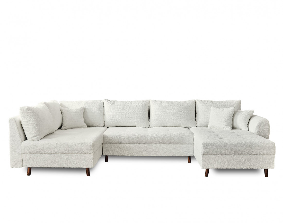 Canapé panoramique d'angle gauche 7 places avec pouf d'appoint en tissu bouclette Rune