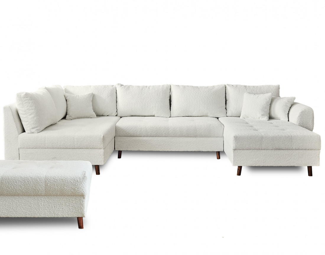 Canapé panoramique d'angle gauche 7 places avec pouf d'appoint en tissu bouclette Rune