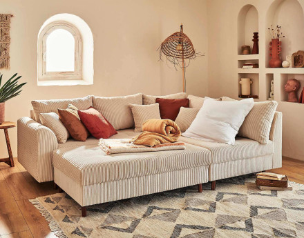 Canapé d'angle droit - 4 places - avec pouf d'appoint - en velours côtelé - Rune