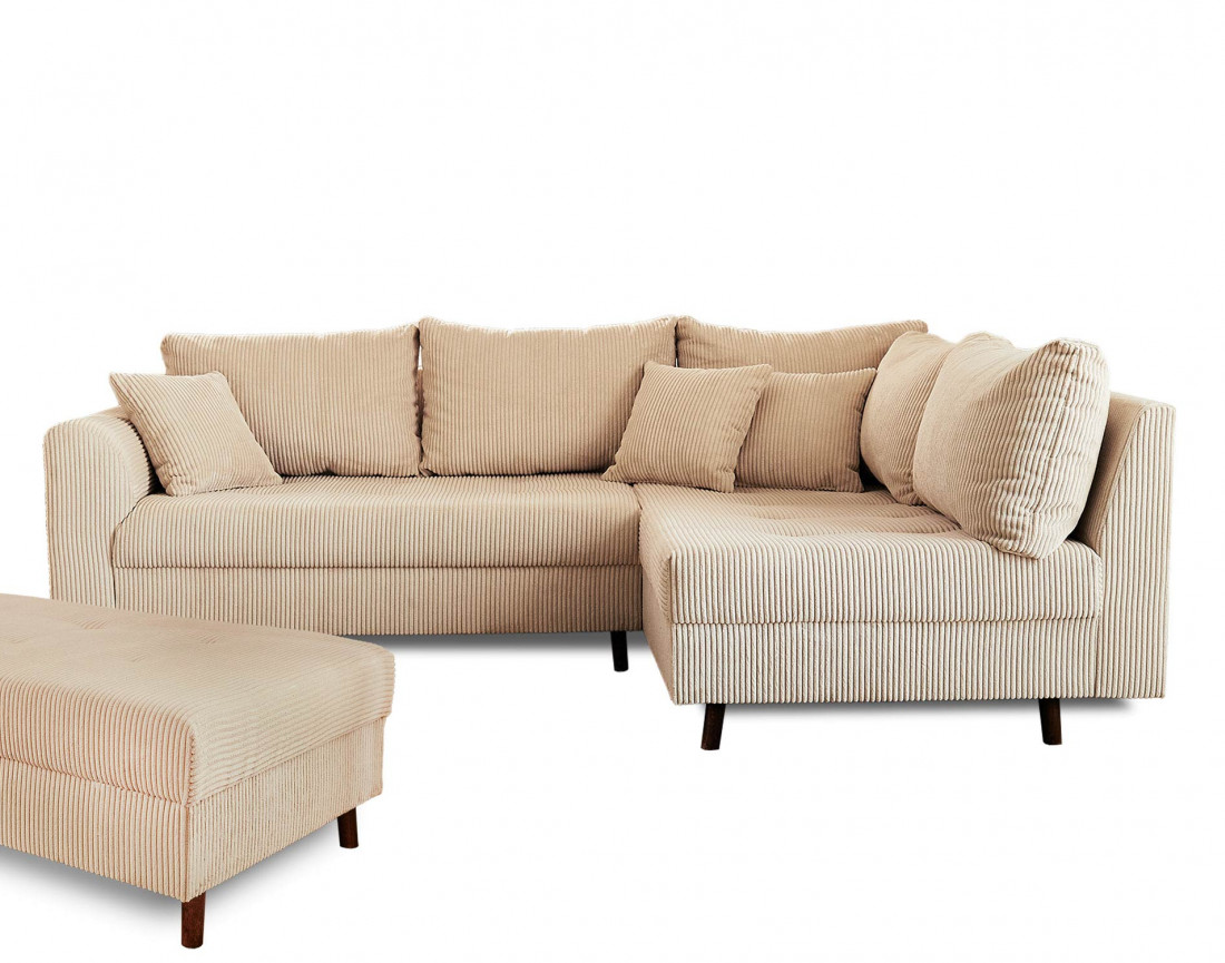 Canapé d'angle droit - 4 places - avec pouf d'appoint - en velours côtelé - Rune Canapé d'angle droit - 4 places - avec pouf d'appoint - en velours côtelé - Rune
