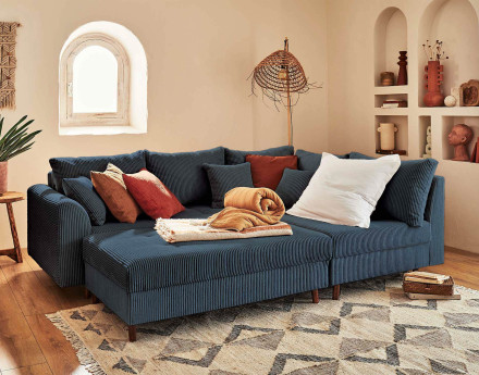 Canapé d'angle droit - 4 places - avec pouf d'appoint - en velours côtelé - Rune