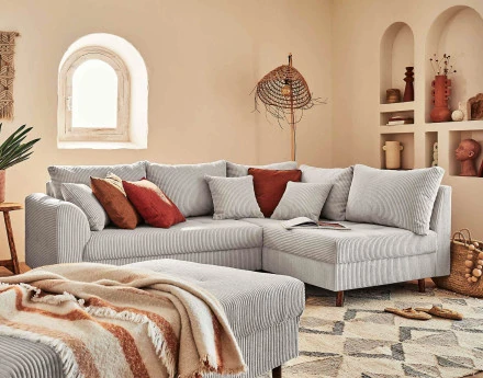 Canapé d'angle droit - 4 places - avec pouf d'appoint - en velours côtelé - Rune