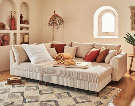 Canapé d'angle gauche - 4 places - avec pouf d'appoint - en velours côtelé - Rune