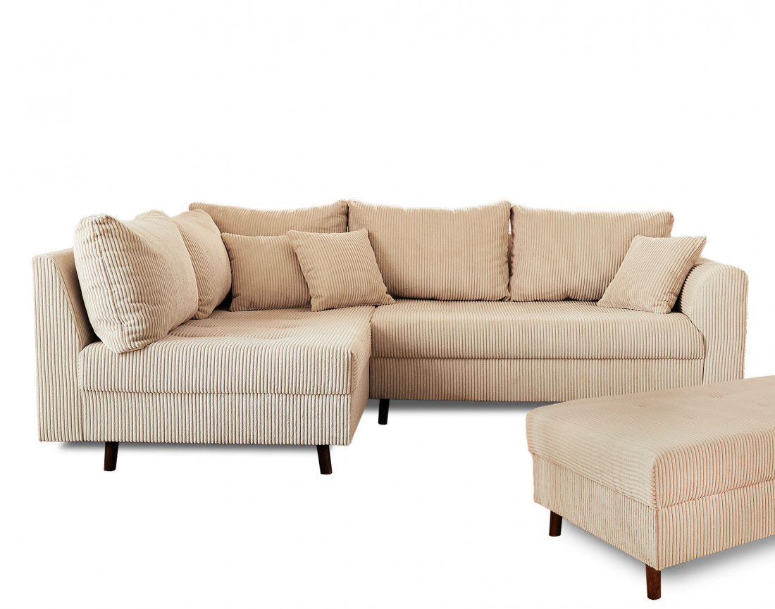 Canapé d'angle gauche - 4 places - avec pouf d'appoint - en velours côtelé - Rune Canapé d'angle gauche - 4 places - avec pouf d'appoint - en velours côtelé - Rune