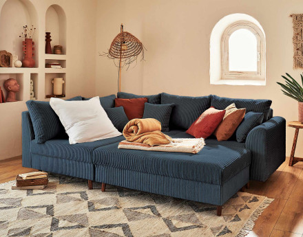 Canapé d'angle gauche - 4 places - avec pouf d'appoint - en velours côtelé - Rune