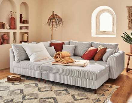 Canapé d'angle gauche - 4 places - avec pouf d'appoint - en velours côtelé - Rune