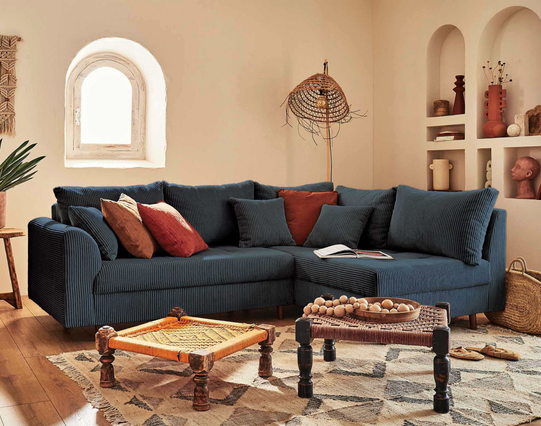 Canapé d'angle droit - 4 places - en velours côtelé - Rune