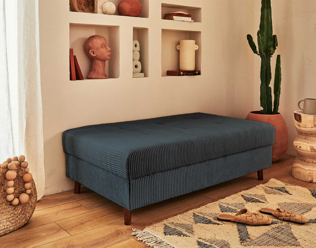 Canapé panoramique d'angle gauche 7 places avec pouf d'appoint - en velours côtelé - Rune