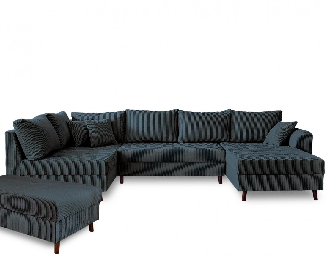 Canapé panoramique d'angle gauche 7 places avec pouf d'appoint - en velours côtelé - Rune
