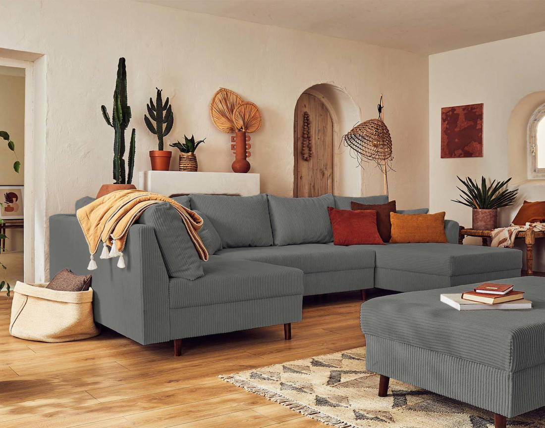 Canapé panoramique d'angle gauche 7 places avec pouf d'appoint - en velours côtelé - Rune