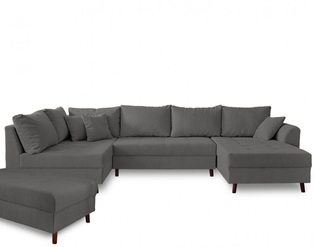 Canapé panoramique d'angle gauche 7 places avec pouf d'appoint - en velours côtelé - Rune