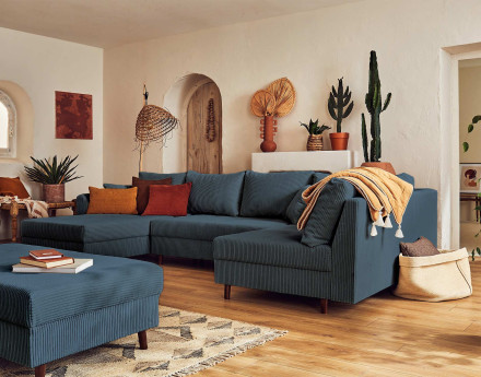 Canapé panoramique d'angle droit 7 places - avec pouf d'appoint - en velours côtelé - Rune