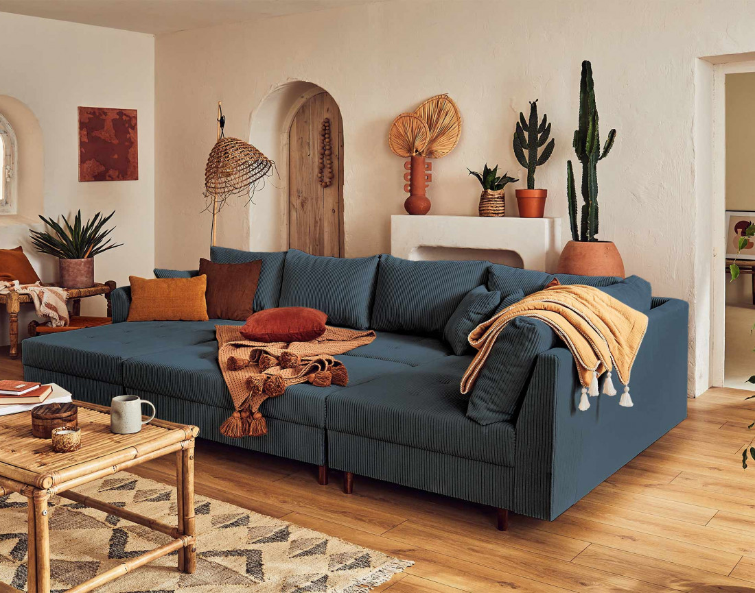 Canapé panoramique d'angle droit 7 places - avec pouf d'appoint - en velours côtelé - Rune