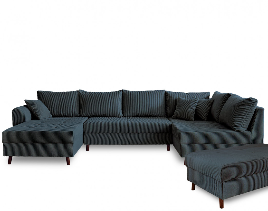 Canapé panoramique d'angle droit 7 places - avec pouf d'appoint - en velours côtelé - Rune