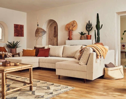 Canapé panoramique d'angle droit 7 places - en velours côtelé - Rune