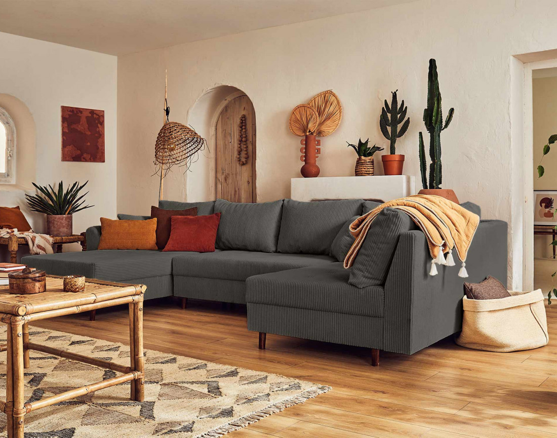 Canapé panoramique d'angle droit 7 places - en velours côtelé - Rune