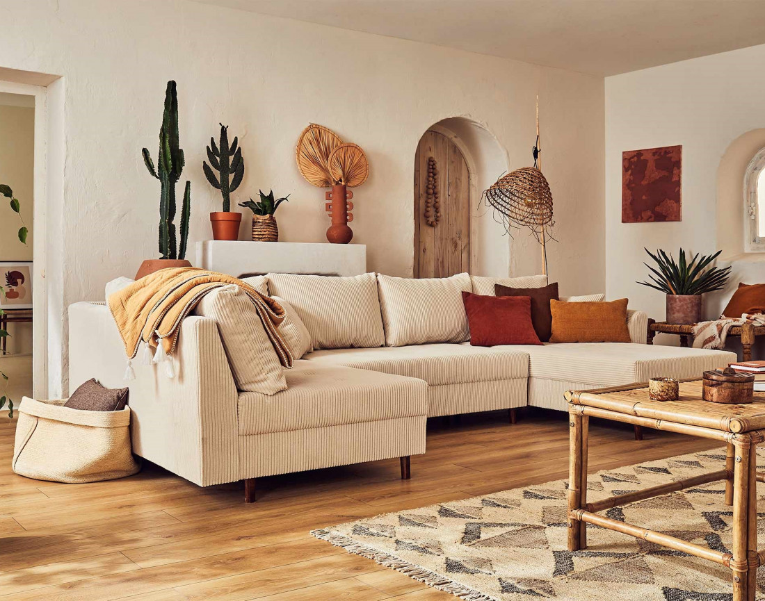 Canapé panoramique d'angle gauche 7 places - en velours côtelé - Rune Canapé panoramique d'angle gauche 7 places - en velours côtelé - Rune