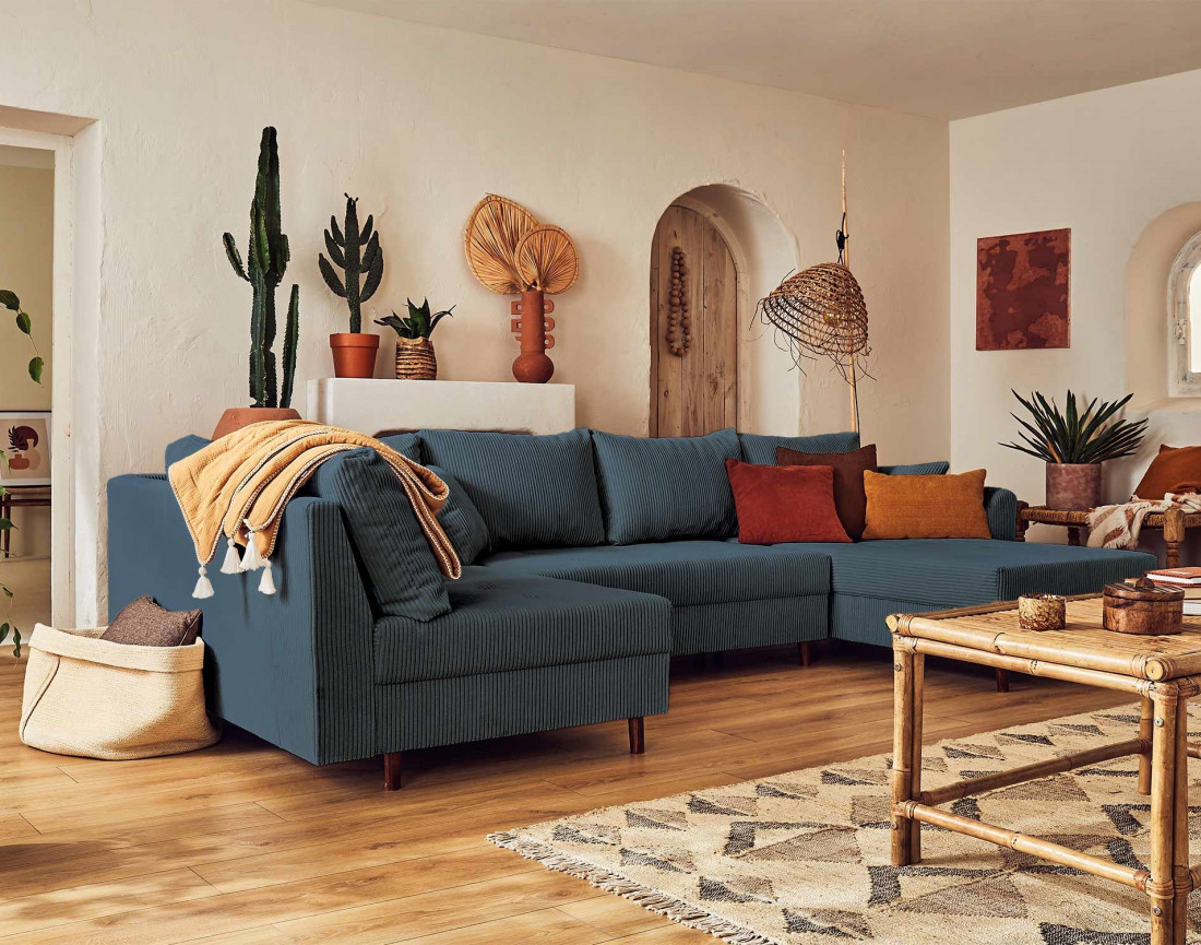 Canapé panoramique d'angle gauche 7 places - en velours côtelé - Rune