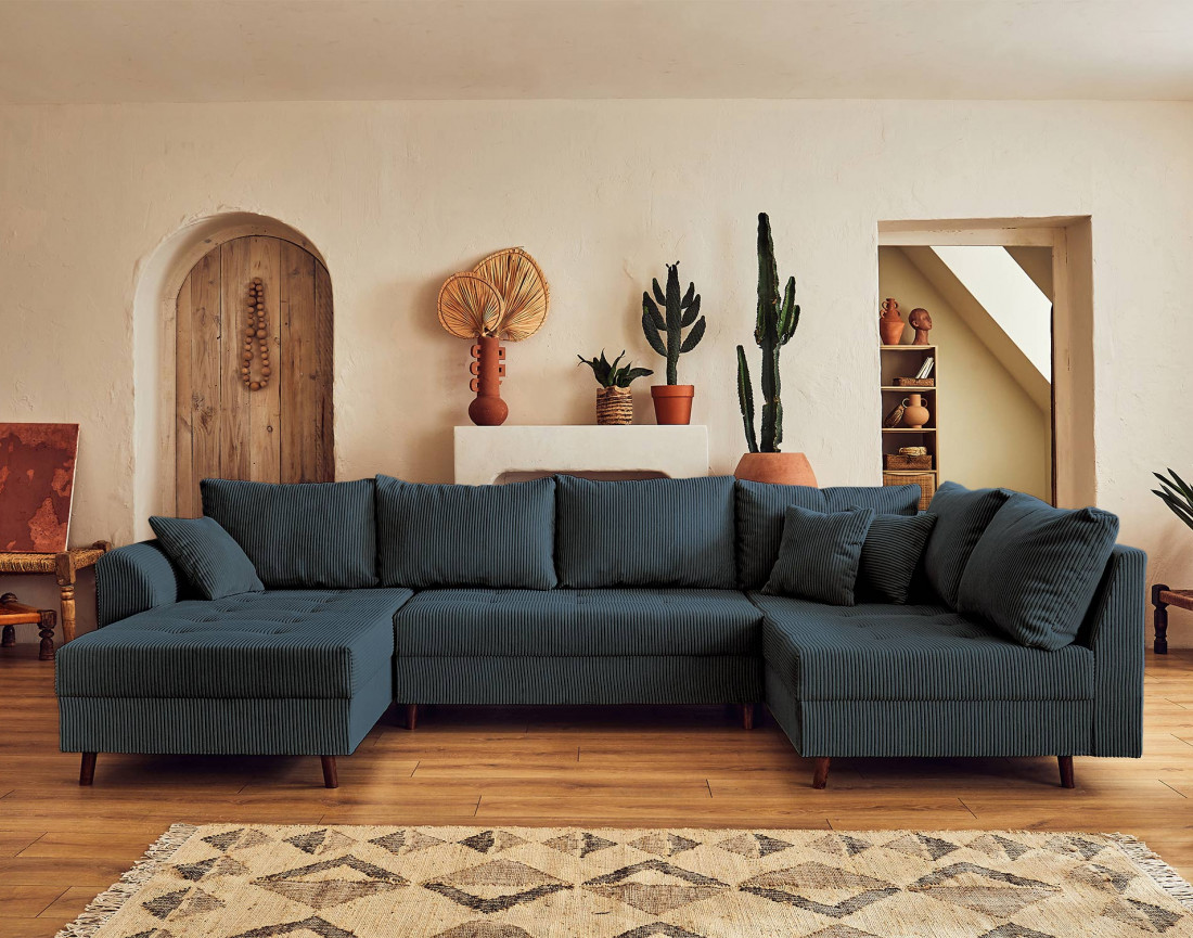 Canapé panoramique d'angle droit 7 places - avec pouf d'appoint - en velours côtelé - Rune