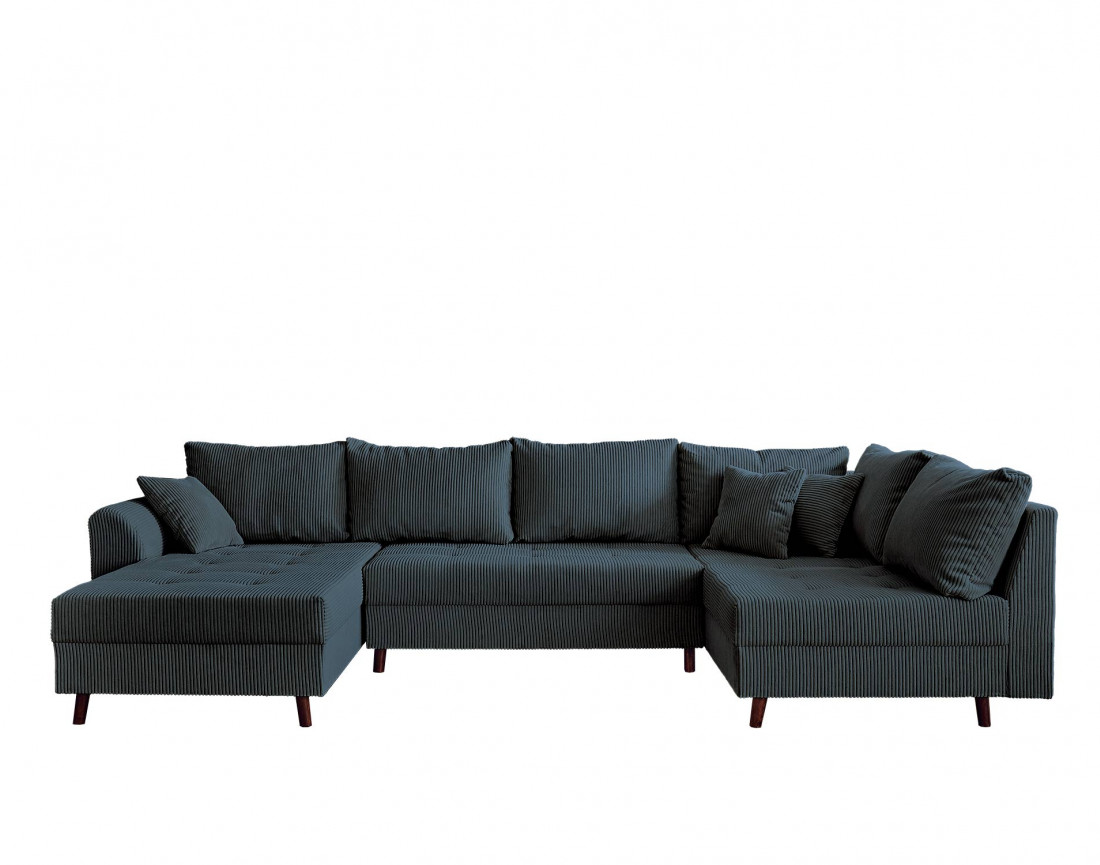 Canapé panoramique d'angle droit 7 places - avec pouf d'appoint - en velours côtelé - Rune