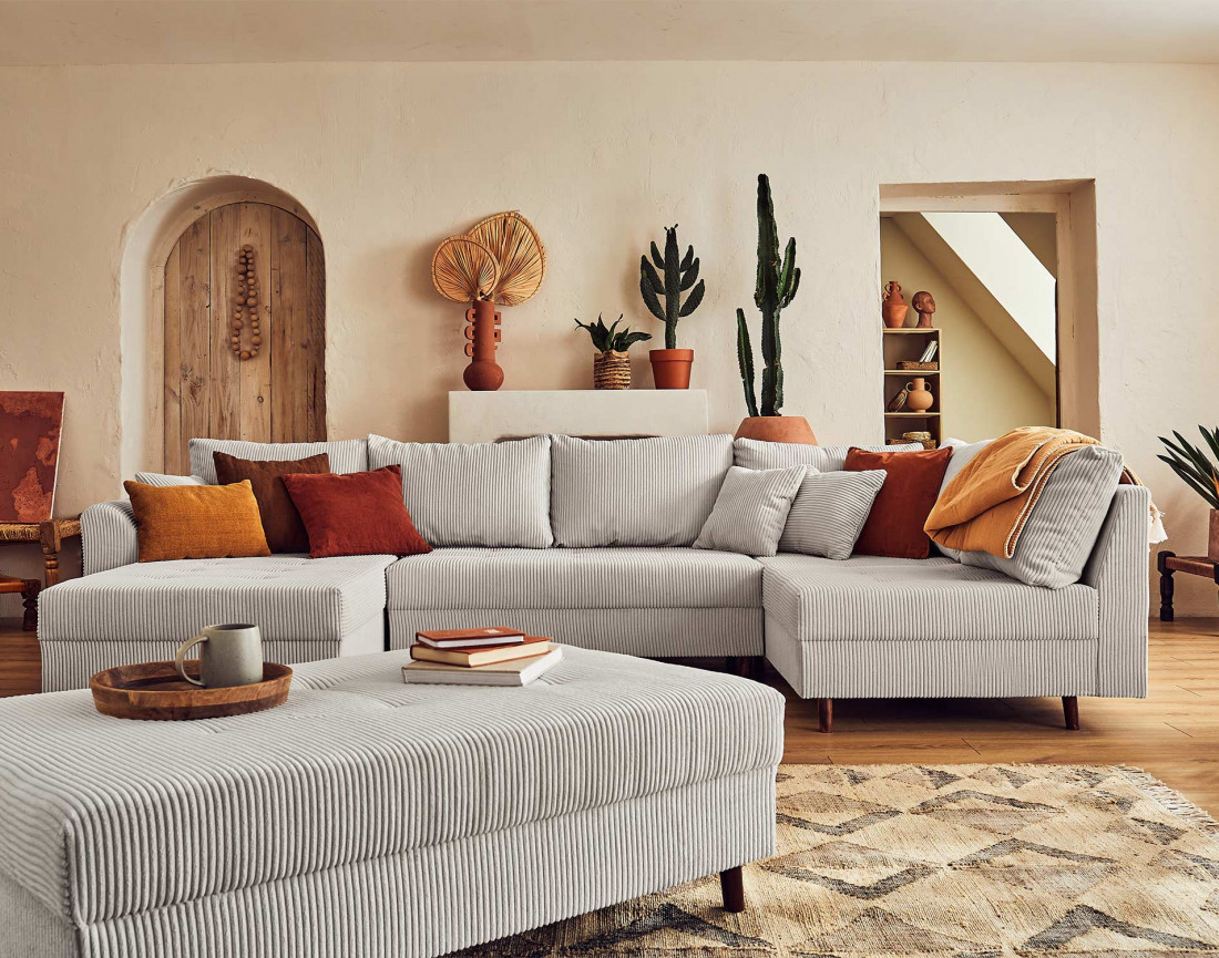 Canapé panoramique d'angle droit 7 places - avec pouf d'appoint - en velours côtelé - Rune