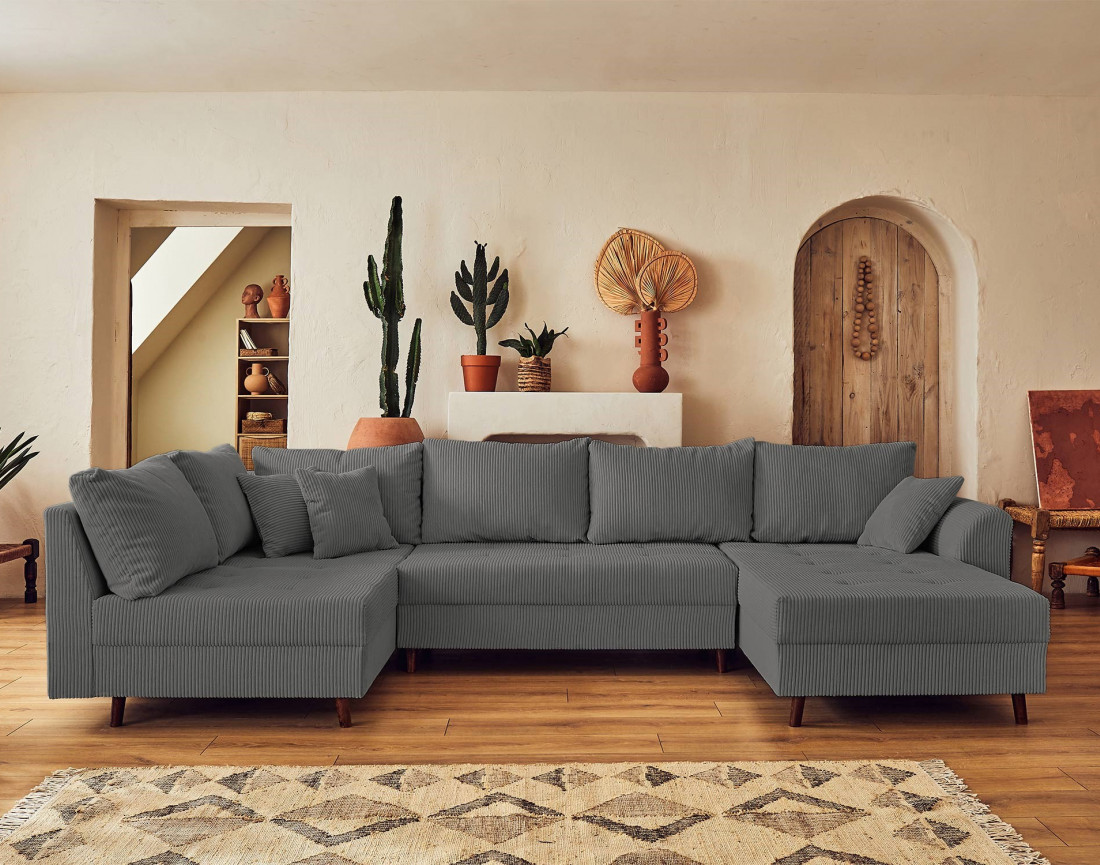 Canapé panoramique d'angle gauche 7 places avec pouf d'appoint - en velours côtelé - Rune