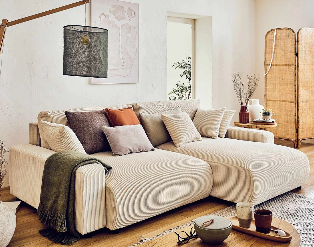 Canapé d'angle réversible convertible avec coffre 4 places en velours côtelé Pivoine