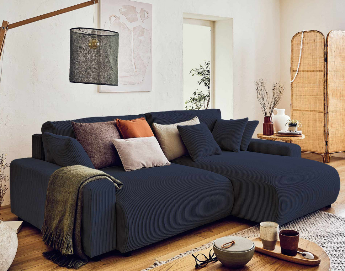 Canapé d'angle réversible convertible avec coffre 4 places en velours côtelé Pivoine