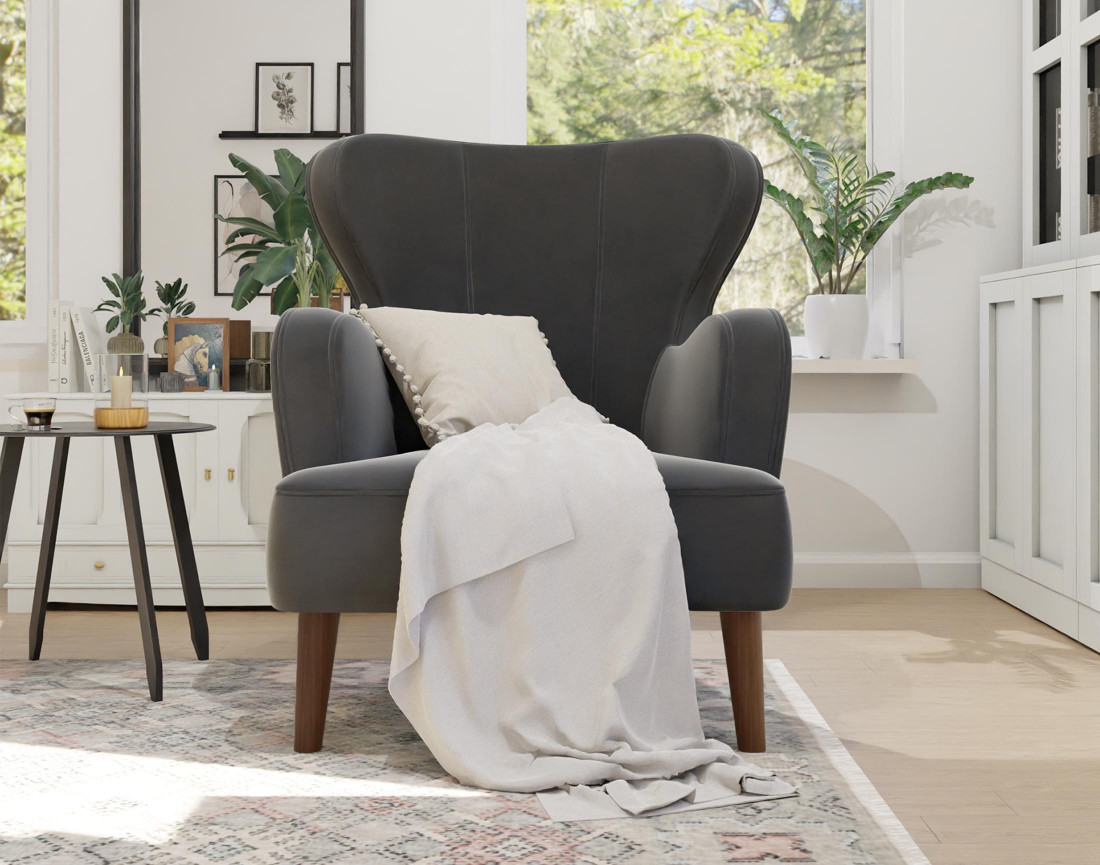 Fauteuil en velours pieds en bois Jaudy