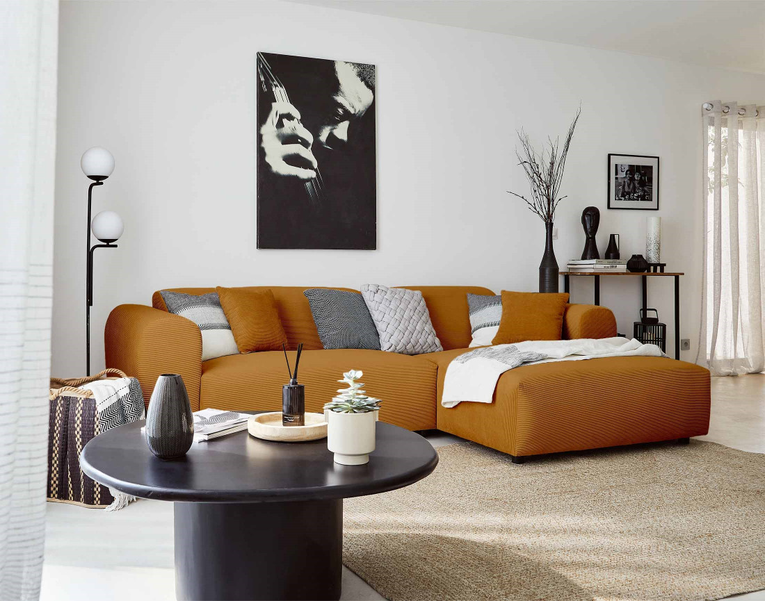 Canapé d'angle droit 4 places en velours côtelé Aumance