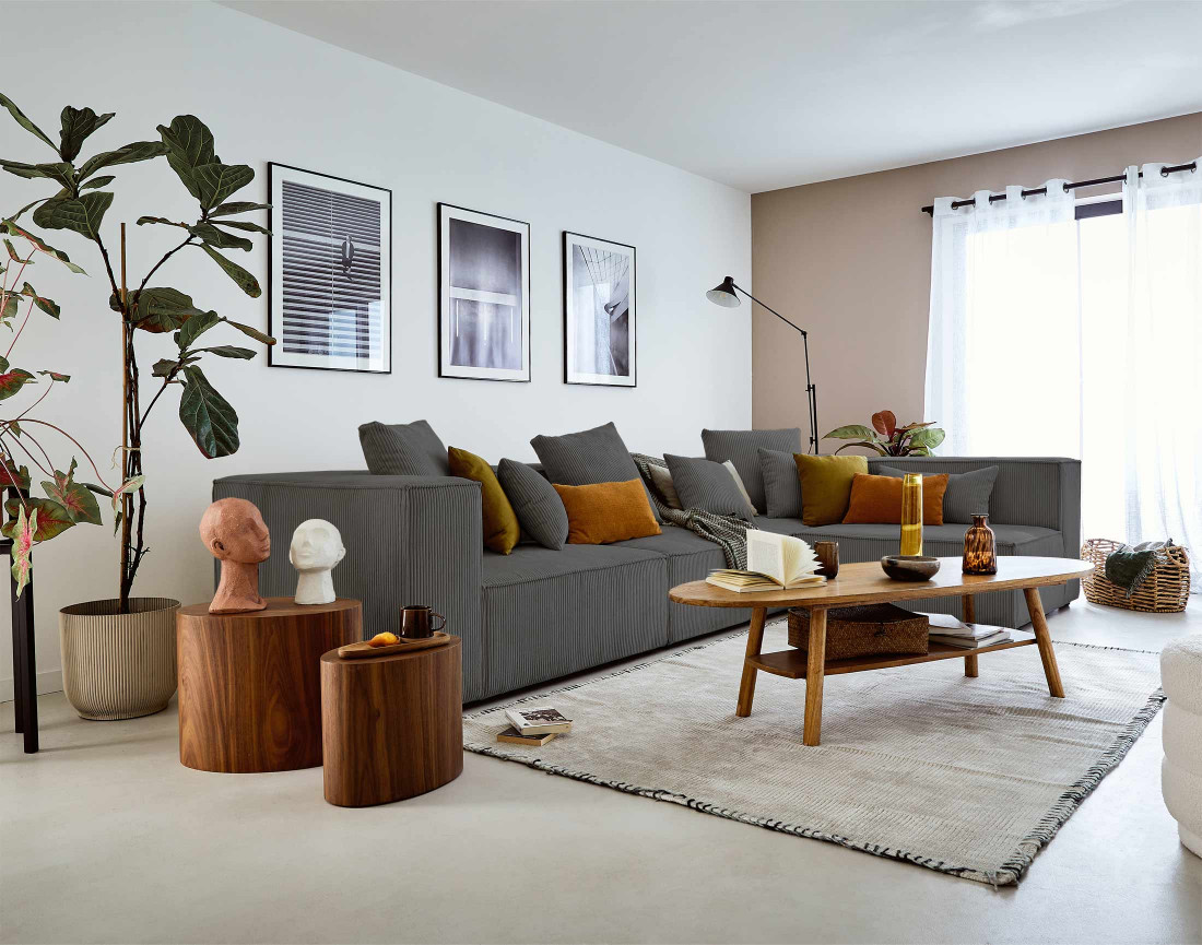 Canapé modulable d'angle droit 6 places en velours côtelé Colombine