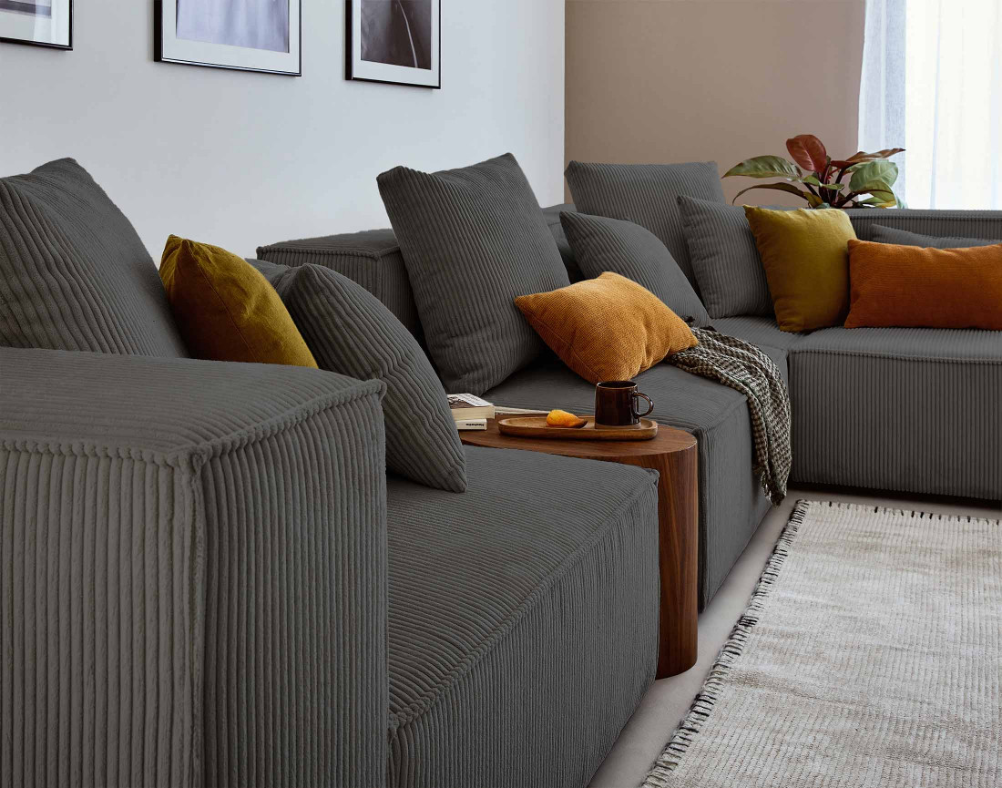 Canapé modulable d'angle droit 6 places en velours côtelé Colombine