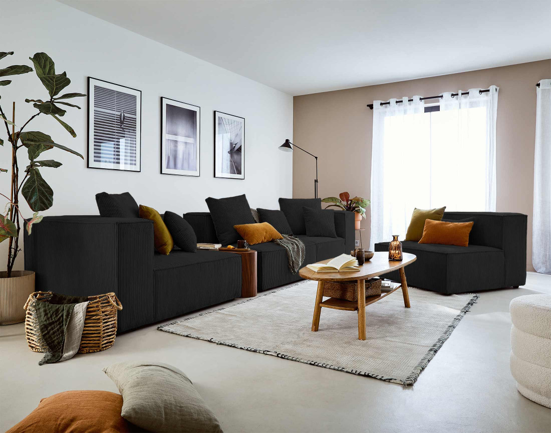 Canapé modulable d'angle droit 6 places en velours côtelé Colombine Canapé modulable d'angle droit 6 places en velours côtelé Colombine