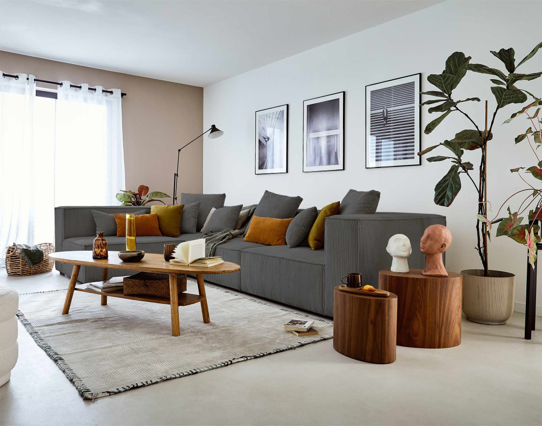 Canapé modulable d'angle gauche 6 places en velours côtelé Colombine