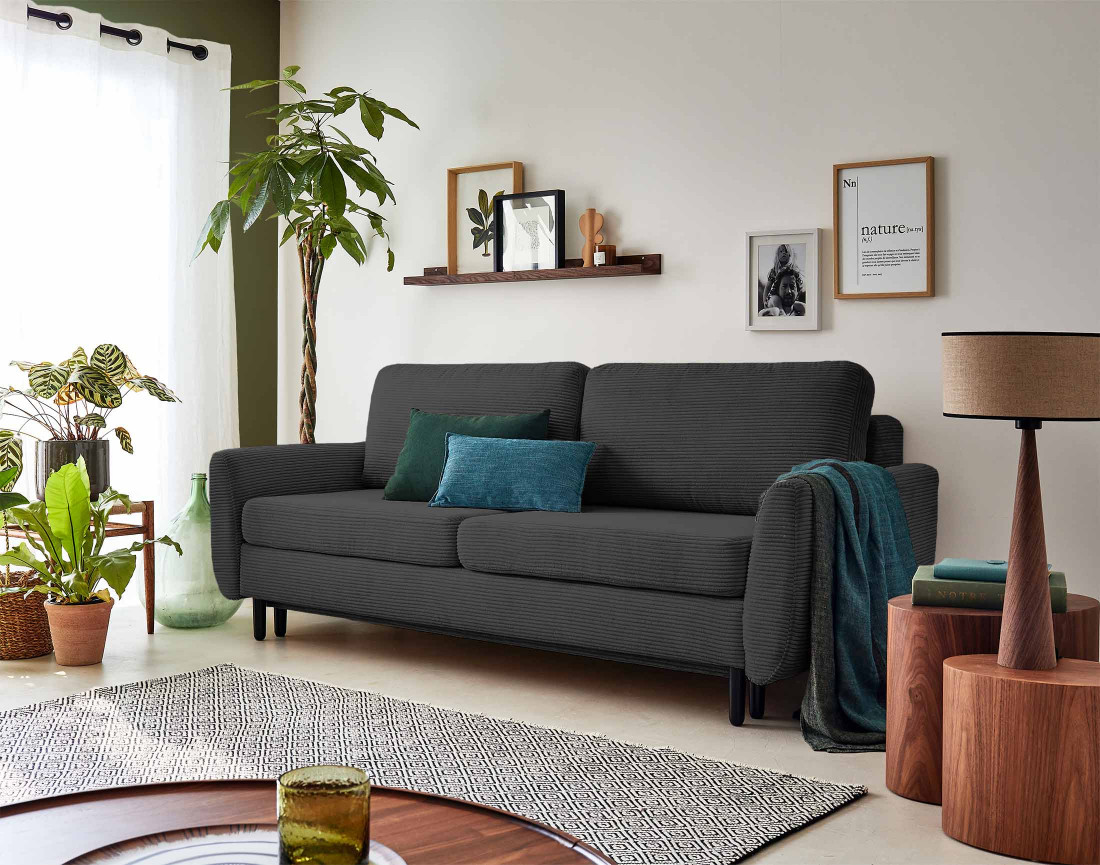 Canapé 3 places convertible avec coffre en velours côtelé Dan