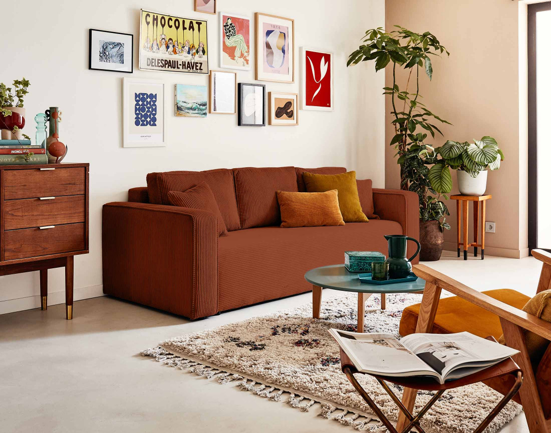 Canapé 3 places convertible avec coffre en velours côtelé Topaze