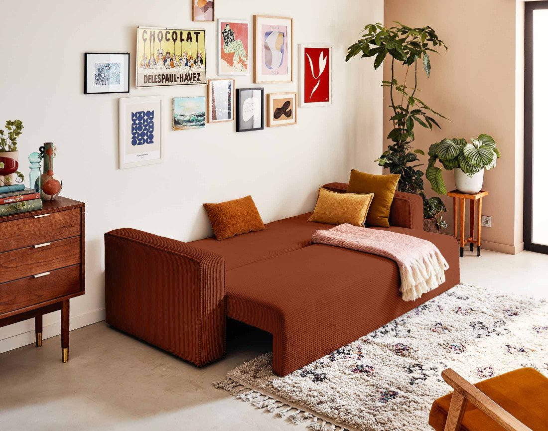 Canapé 3 places convertible avec coffre en velours côtelé Topaze