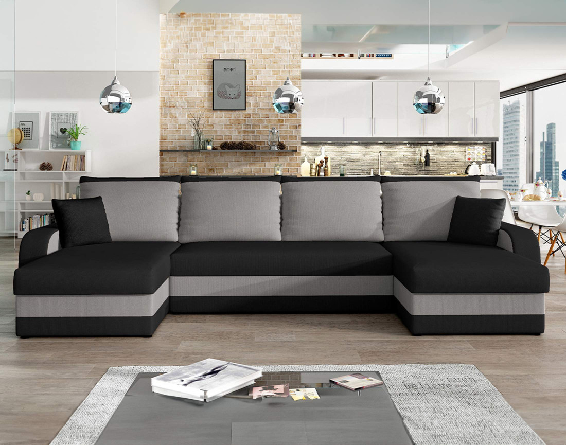Canapé panoramique en U convertible avec coffres 7 places en velours Valos